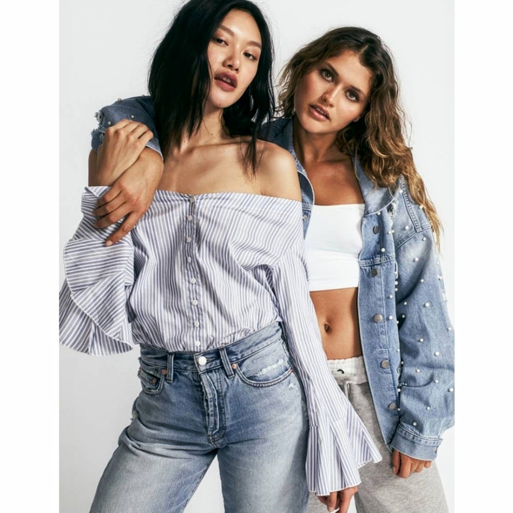 Free People March to the Beat Off Shoulder Cotton Striped Top w/ Flare Sleeves M